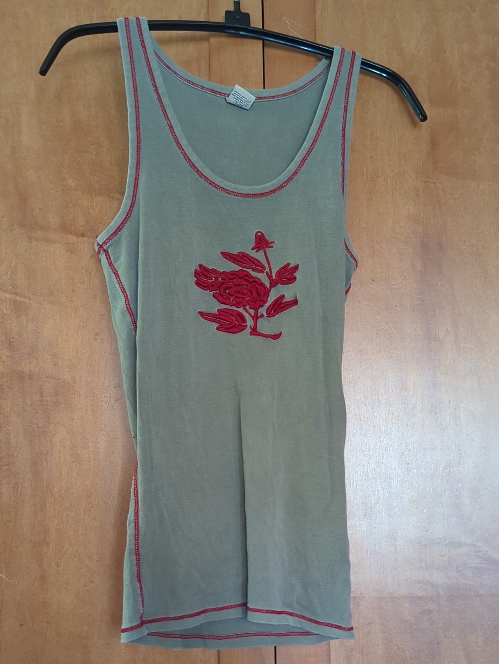 Lucky Brand Taupe Olive Green Tank with Red Stitching Small